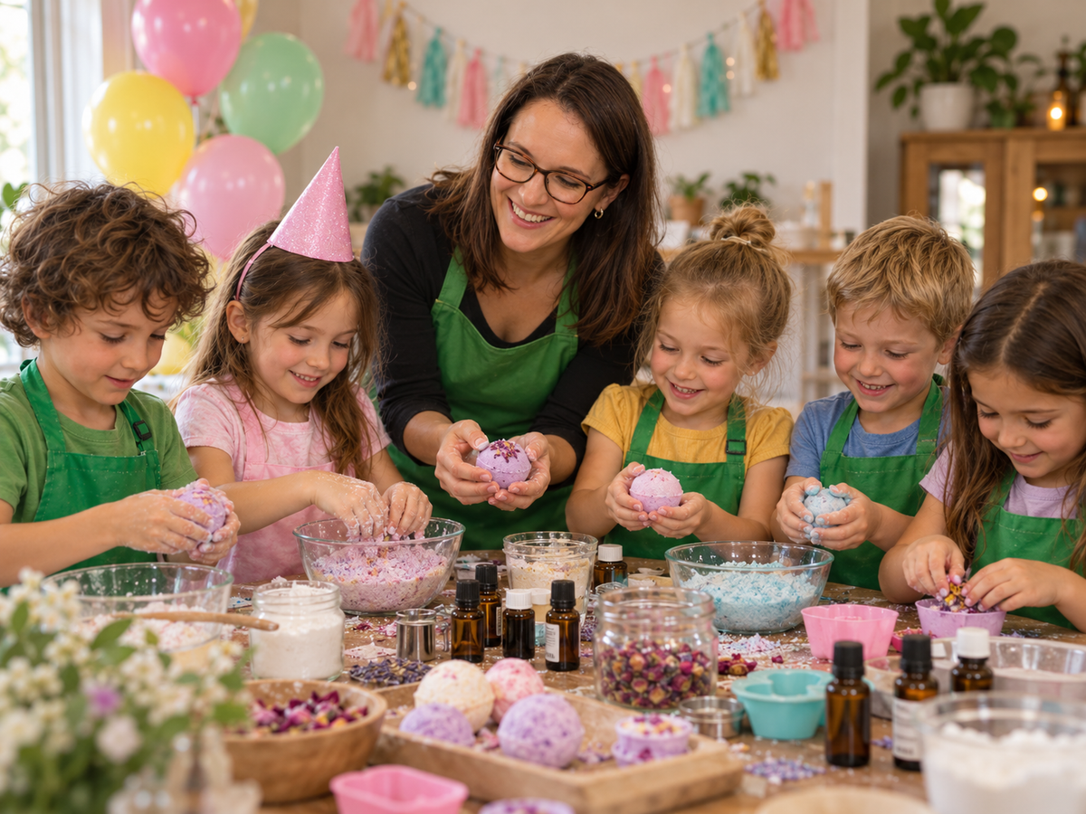 Atelier créatif de fête d’enfants avec fabrication de produits naturels et décorations festives