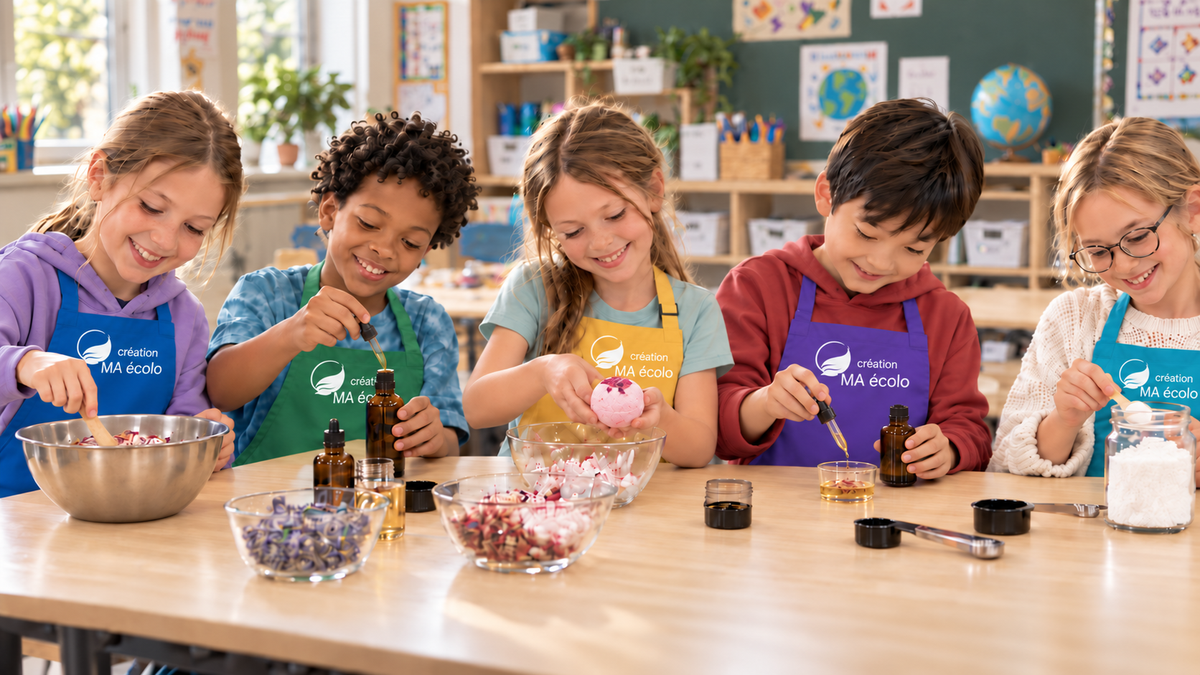 Enfants fabriquant des produits lors d’un atelier créatif MA Création Écolo en bibliothèque