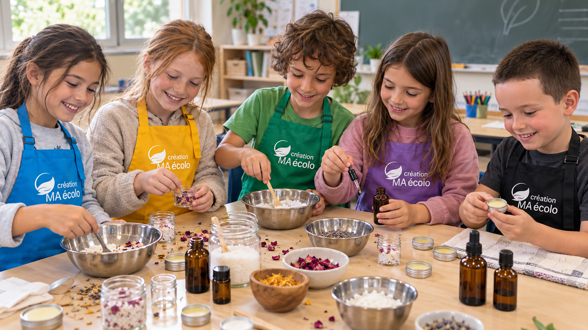 Enfants fabriquant des produits naturels lors d’un atelier créatif MA Création Écolo