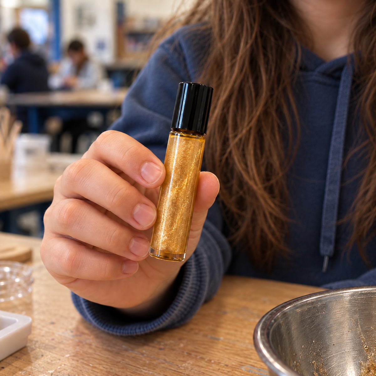 Élève présentant une huile scintillante fabriquée lors d’un atelier MA Création Écolo