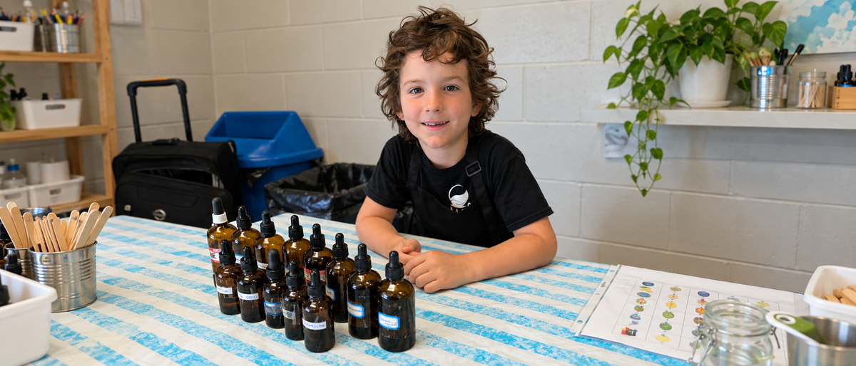Jeune participant prêt pour un atelier de fabrication MA Création Écolo avec les ingrédients et fragrances