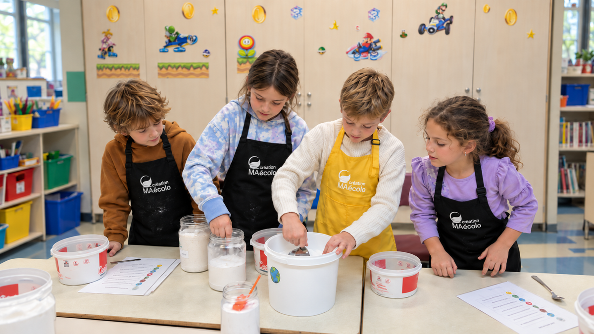 Enfants participant à un atelier créatif et scientifique MA Création Écolo en milieu scolaire